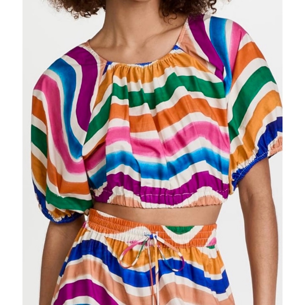 FARM Rio Dancing Stripes Crop Top Colorful Puff Sleeves Tropical Summer Vacation
